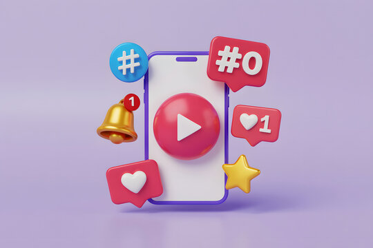 3D Social Media Icons & Smartphone: Likes, Notifications, Hashtags, Play Button - Powered by Adobe