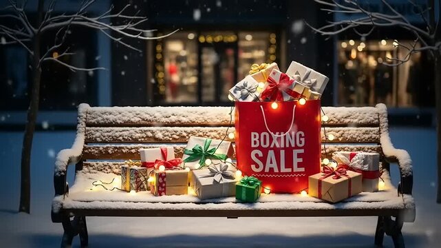 Boxing Day Sale Gifts overflow on snowy bench with winter shopping, and festive season. - Powered by Adobe