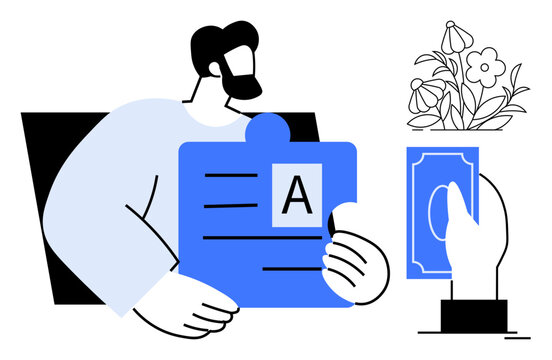 Person holding grade sheet alongside hand offering gift card near blooming flowers. Ideal for education, rewards, gratitude, recognition, motivation, appreciation, and celebration concepts. Simple