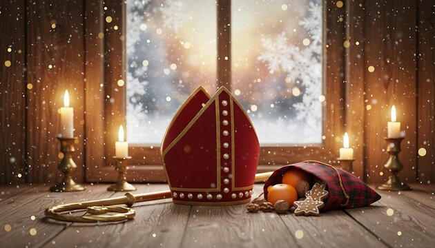 Festive saint nicholas mitre and golden key on a wooden table with glowing candles and falling snow outside a window evoking holiday magic and tradition