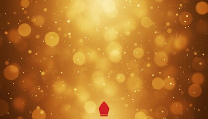 A single red abstract shape ascends towards a bright golden light filled with shimmering bokeh and tiny sparkling particles creating a magical and ethereal atmosphere