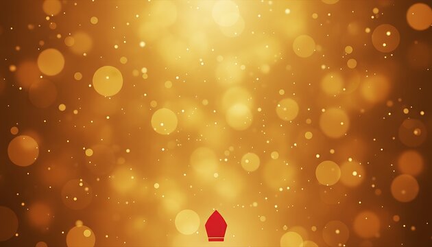 A single red abstract shape ascends towards a bright golden light filled with shimmering bokeh and tiny sparkling particles creating a magical and ethereal atmosphere