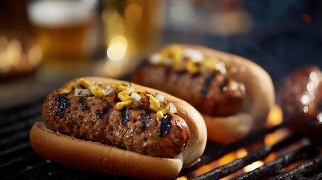 Delicious hot dogs topped with mustard and onions beside char-grilled burgers, captured with fans clinking drinks and laughing in team gear during a pre-game tailgate