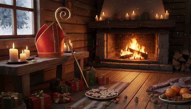 Cozy christmas eve scene with a warm fireplace glowing candles and st nicholas staff and miter on a wooden table evoking holiday spirit and winter warmth - Powered by Adobe