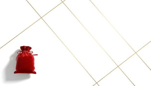A single vibrant red gift bag with a gold drawstring is positioned on the left side of a clean white background with subtle gold lines creating a geometric pattern