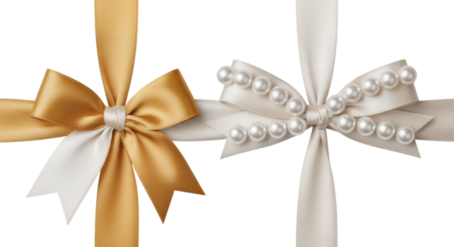 Elegant satin ribbons with pearl embellishments isolated on transparent background