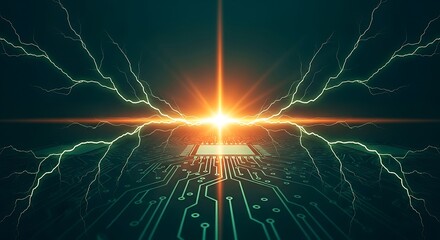 Microchip with Electricity Sparks, Digital Circuit Board Futuristic Art