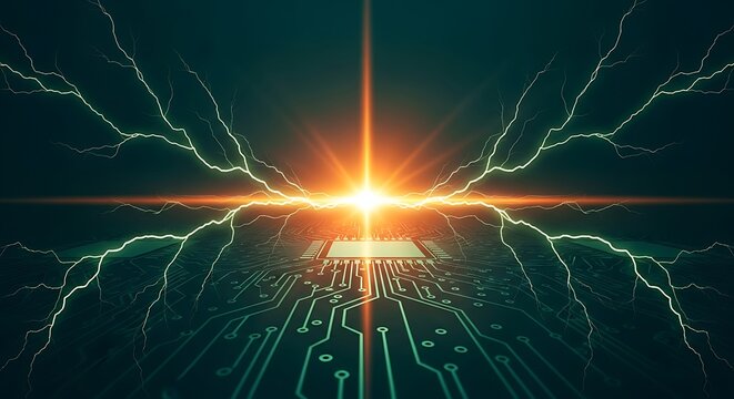 Microchip with Electricity Sparks, Digital Circuit Board Futuristic Art