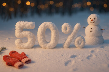 Creative snowy display with 50 percent sign and cheerful snowman in winter scene