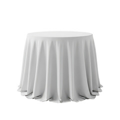 Round table covered with a white tablecloth isolated on transparent background