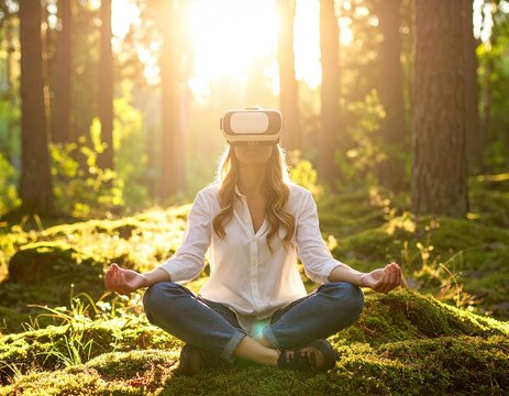Woman Meditating in Forest with VR Headset