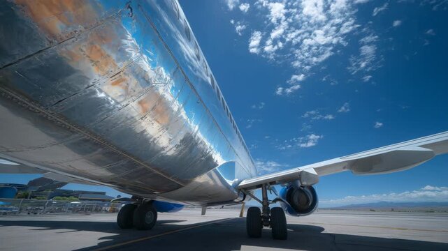 High-resolution wide-angle photo of aircraft wing flaps fully deployed, showcasing layered aluminum sections, hydraulic rods, and precision engineering, captured in bright daylight