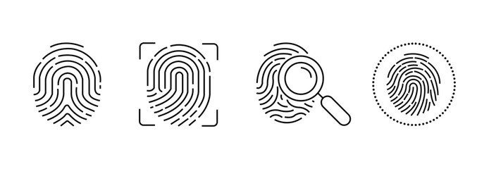 Fingerprint liner icon set. Access, identity verification and security scan vector pack