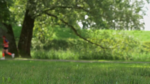 Tree and grass in focus as jogger in orange outfit passes in soft background