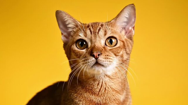 A russet cat with amber eyes stares up against a solid mustardyellow backdrop