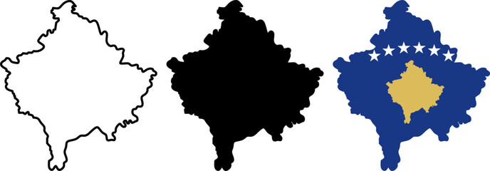 Clean vector set of Kosovo map outline, solid silhouette, and flag version. Perfect for education, geography, infographics, and graphic design projects.