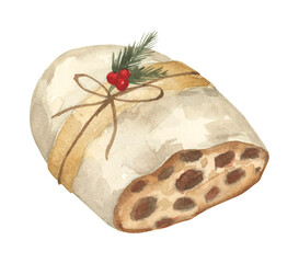 Watercolor Christmas cake with whipped cream. Cozy winter food. Baking and dessert. Seasonal hand drawn illustration.