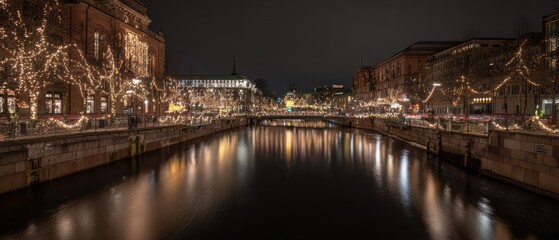City lights shimmer on water at New Years