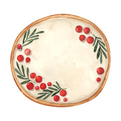 Watercolor Christmas cake with whipped cream. Cozy winter food. Baking and dessert. Seasonal hand drawn illustration.