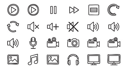 Fototapeta premium Media player interface line art icons set for web design