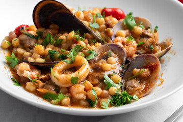 Fregula con frutti di mare e bottarga, Pasta Sarda 