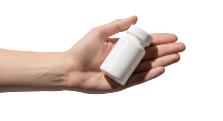 Hand Holding a White Pill Bottle Isolated on Transparent Background