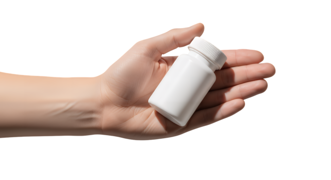 Hand Holding a White Pill Bottle Isolated on Transparent Background