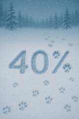 Snowy landscape with paw prints and a large percentage symbol indicating a winter 40 percent discount
