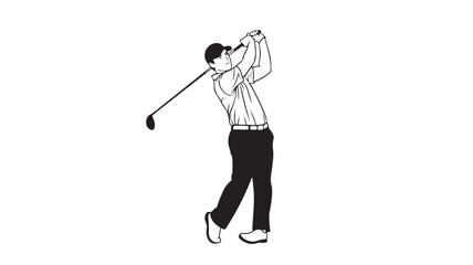 Golf player swinging club vector line art illustration of golfer in action isolated on white background