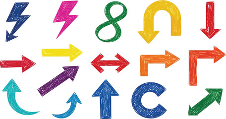Hand drawn colorful arrow collection with doodle style on white