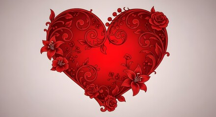Intricate red heart decorated with roses and floral elements