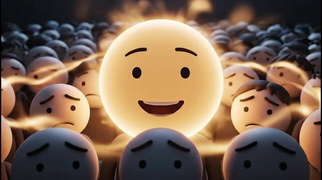 A glowing sun emoji stands out among a crowd of sad, expressionless faces, symbolizing hope and positivity