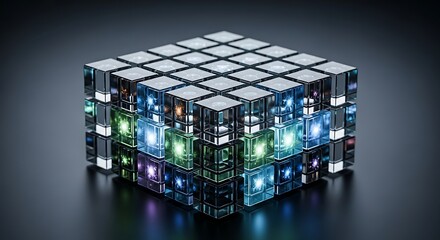 Conceptual Square Cube Made of Glass Blocks with Internal Light