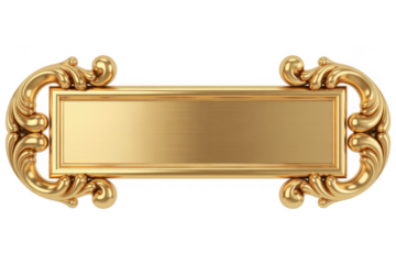 Ornate gold plaque with decorative flourishes isolated on a transparent background