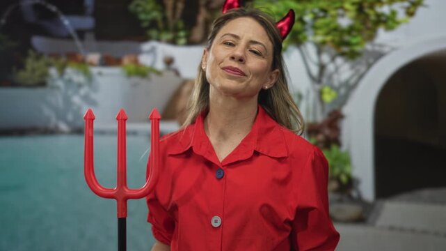 Blonde woman holds red trident prop beside a resort building pool with hand on cheek and smiling gesture; playfulness.