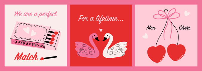 Valentine day posters. Modern romantic banners with heart love cherry swan shapes and passion symbols for flyer cover brochure design, 14 february greeting card. Vector set