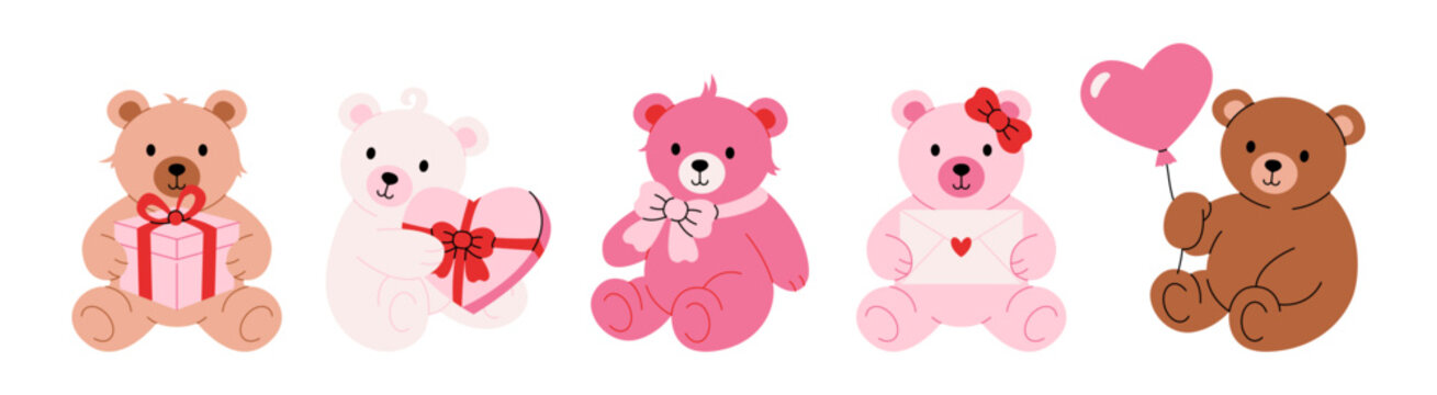 Cute teddy bears. Valentines day stickers, cartoon plush bear animals with heart chocolate box, romantic gift, balloon love letter for St. Valentine day greeting cards. Vector set