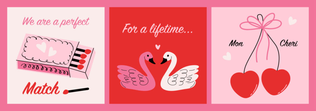 Valentine day posters. Modern romantic banners with heart love cherry swan shapes and passion symbols for flyer cover brochure design, 14 february greeting card. Vector set