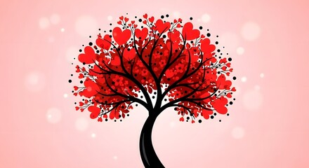Whimsical tree with red heart shaped leaves on a soft pink background