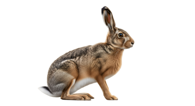 A detailed illustration of a brown hare sitting alertly on a white background.