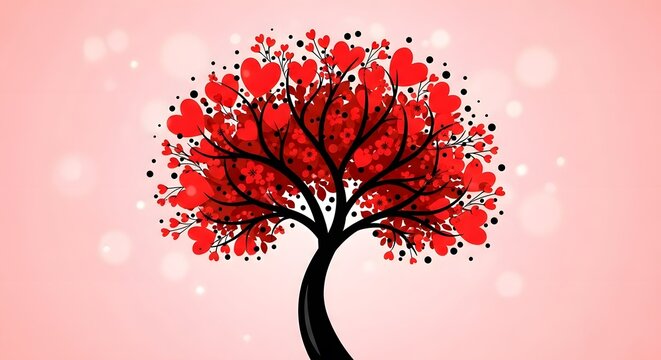 Whimsical tree with red heart shaped leaves on a soft pink background