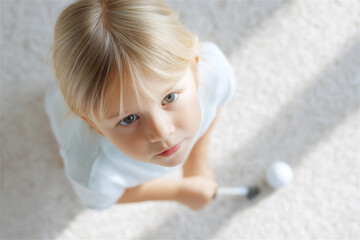 Young child indoors looking upward with gentle curious expression, holding a small toy, symbolizing innocence, exploration and early childhood.