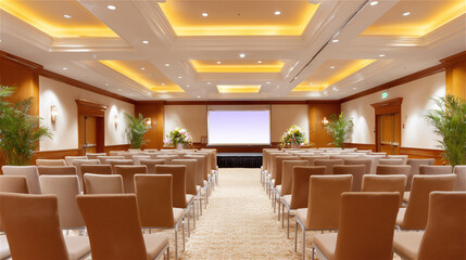 Spacious conference hall with rows of seats, warm lighting and large presentation screen, capturing professional atmosphere suitable for business events, seminars, corporate meetings
