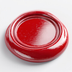 Red wax seal stamp with glossy texture on light surface, symbolizing authenticity, approval, tradition and vintage correspondence concepts used in branding, packaging and official documents.