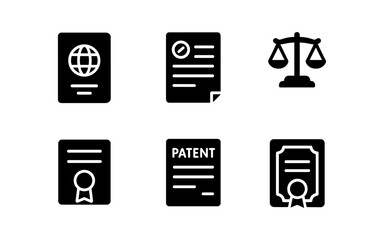 Black and white legal document icons set: passport, certificate, patent, and scales of justice