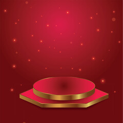 Christmas Luxury Red and Gold Podium Background with Sparkling Lights