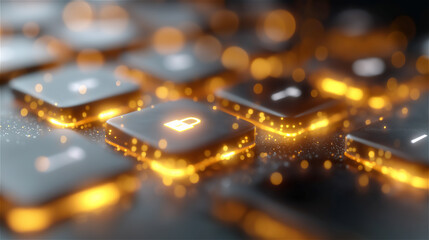 Abstract glowing microchip surface with golden circuits and futuristic technology elements, symbolizing innovation, digital infrastructure, data processing and modern electronic engineering trends.