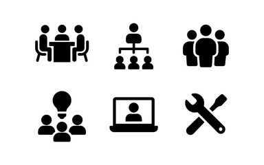 Business management icons set: teamwork, organization, and tools