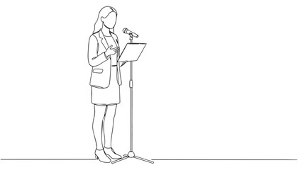 Woman giving speech line art presentation vector illustration