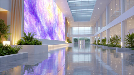 Bright spacious modern lobby with colorful digital wall display, reflective flooring, tall glass walls and elegant plants, creating futuristic corporate environment ideal for architecture